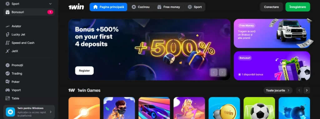 Pagina principală a site-ului 1Win în Moldova cu bonus de +500% la primele patru depozite, secțiuni pentru cazinou, sport, bonusuri și aparate de joc.